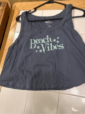 Hollister Slate Blue Tank Top with Mint Green "Beach Vibes" Graphic